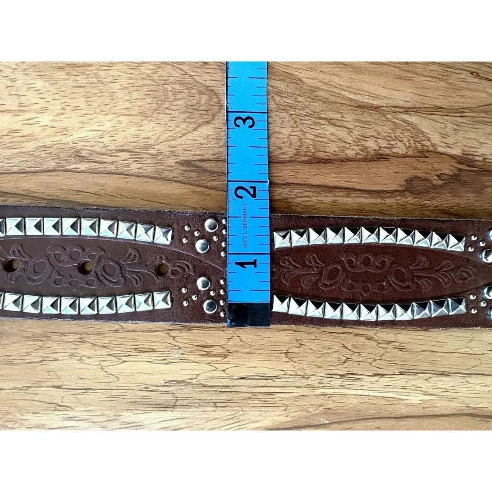 Vintage Brown Leather Studded Belt Silver Pyramid Studs Western Boho Punk Sz 36